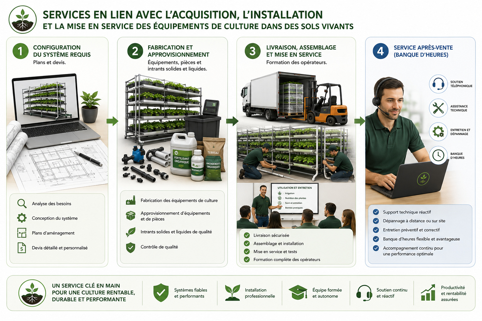 Services Rhizoviva de configuration, fabrication, livraison, assemblage, mise en service et soutien après-vente des équipements de culture.
